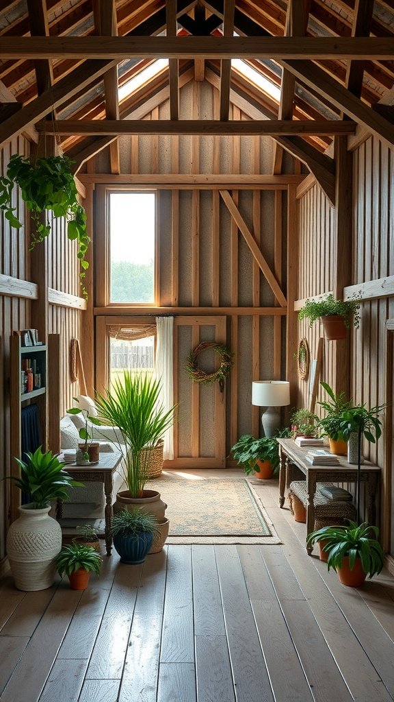 Interior of a barn house with wooden beams and plants, blending outdoor elements with interior design.