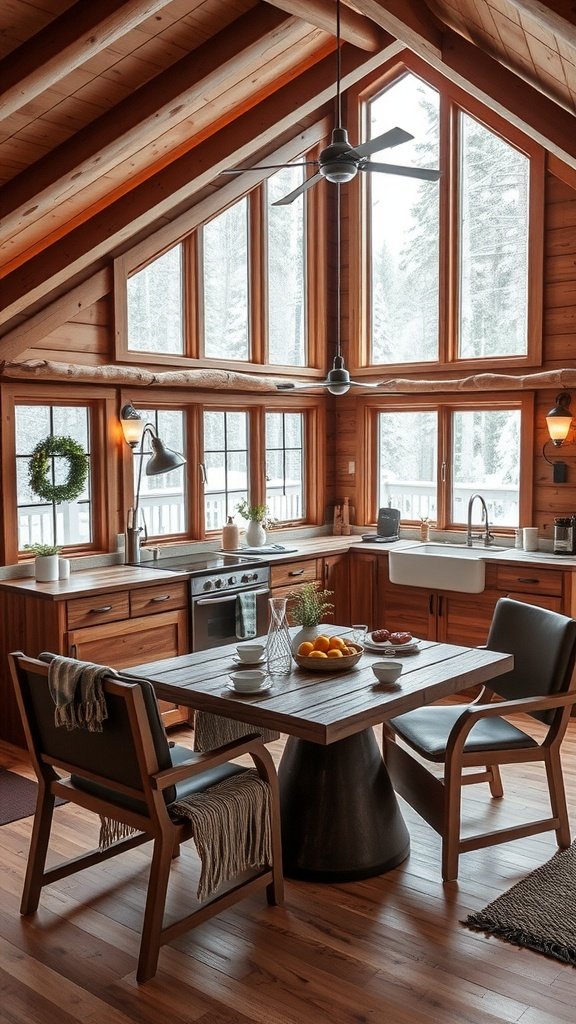 Cozy cabin kitchen with large windows and wooden furniture