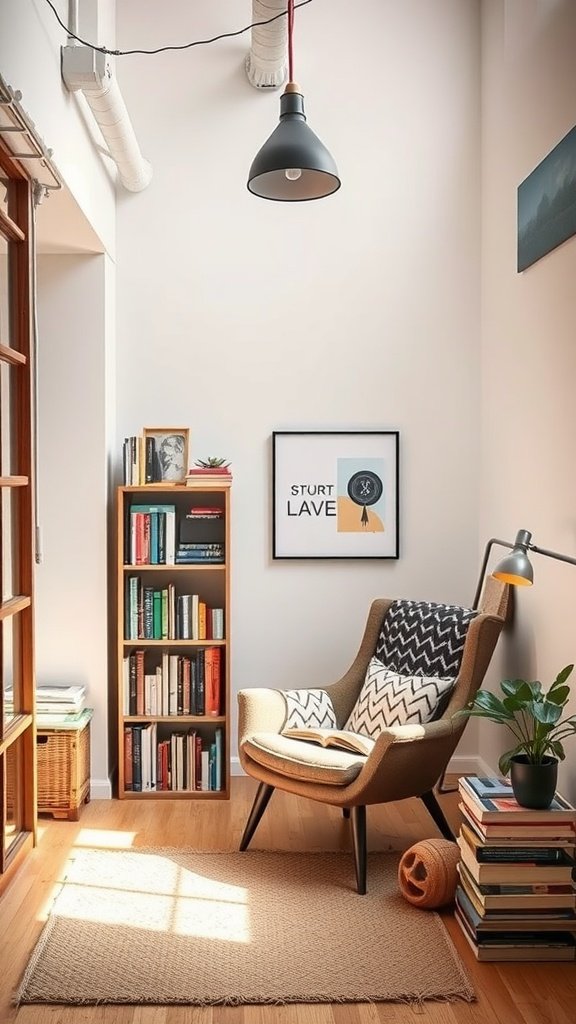 A cozy reading nook in a modern Japanese loft with a chair, bookshelf, and warm lighting.