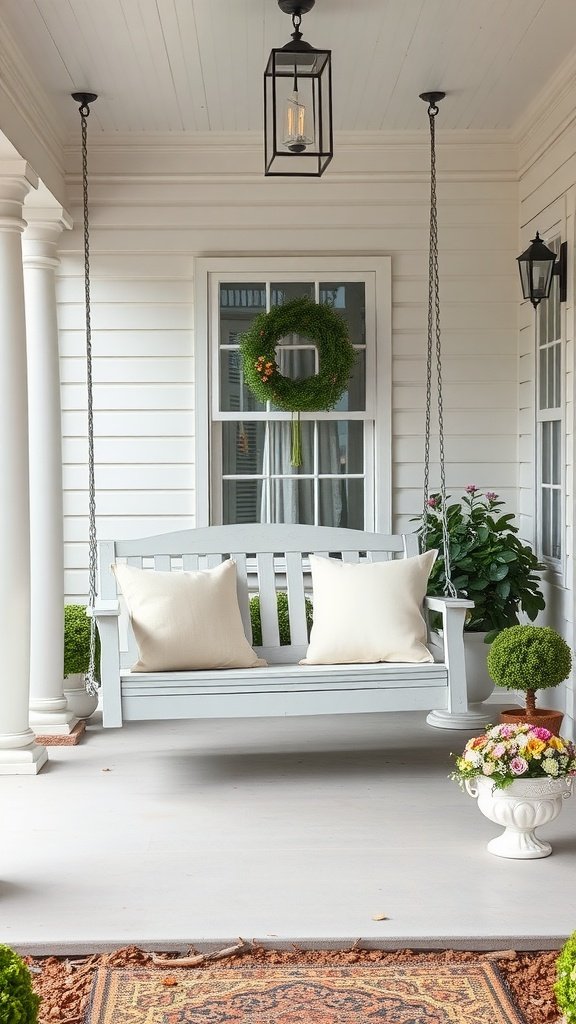 A comfortable white porch swing with pillows, surrounded by plants and decorative elements.