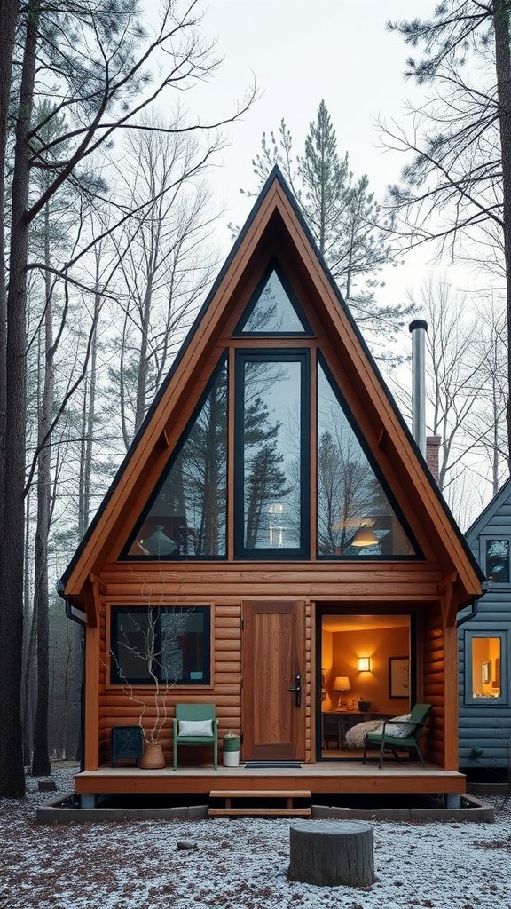 A-frame house surrounded by trees, showcasing a wooden exterior and large windows.