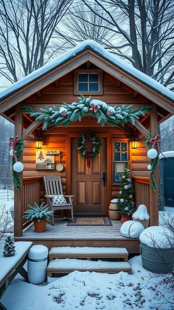 A small winter cabin with a charming porch decorated for the holidays, surrounded by snow-covered trees.