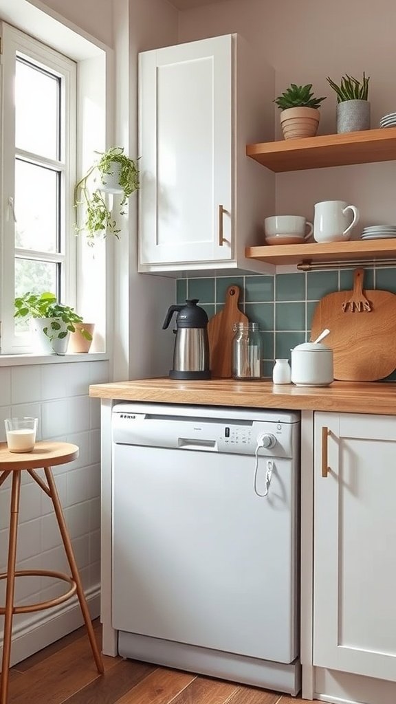 A compact dishwasher in a tiny house kitchen, blending seamlessly with the design.