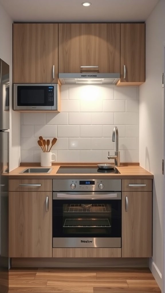 A compact kitchen featuring multi-functional appliances, including a microwave, stovetop, and oven, with wooden cabinets.