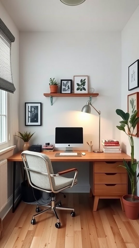 Compact home office featuring a wooden desk, ergonomic chair, plants, and framed artwork