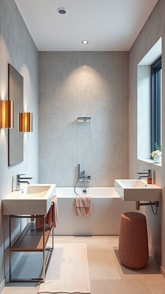 A contemporary bathroom featuring floating sinks, a bathtub, and natural lighting.