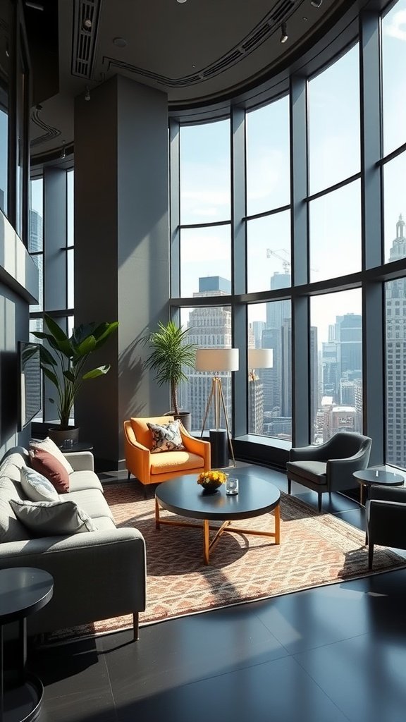Stylish penthouse living room with skyline views in Soho