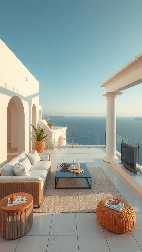 A modern coastal terrace featuring a comfortable seating area with ocean views, decorated in light colors and natural materials.