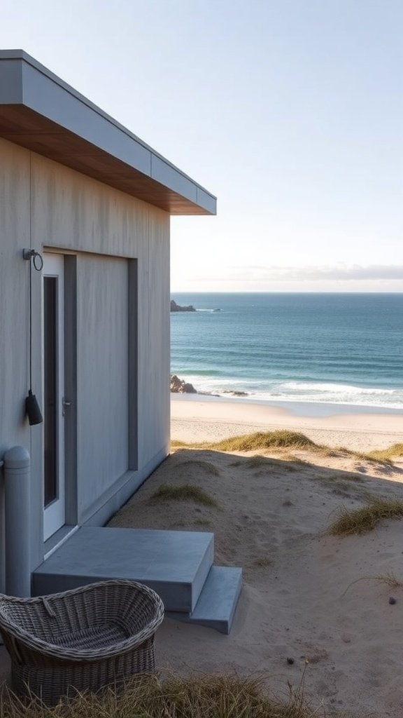 A contemporary precast concrete home by the beach, featuring a minimalist design and ocean views.