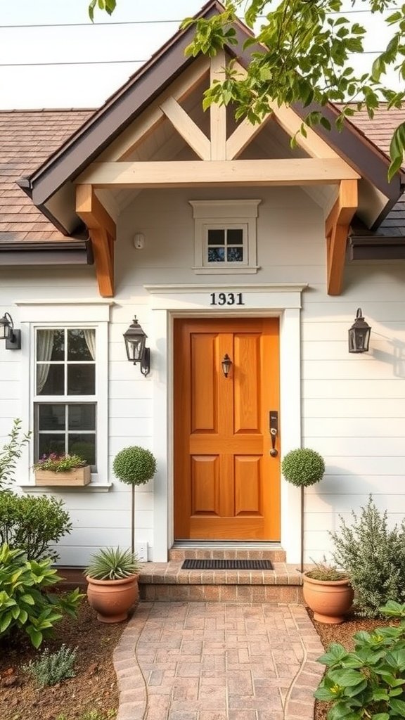 A welcoming contemporary cottage entrance featuring a wooden front door, white siding, and landscaped pathway.