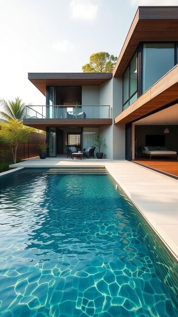 A contemporary house featuring a dual-level pool with clear water, surrounded by modern architecture and natural elements.