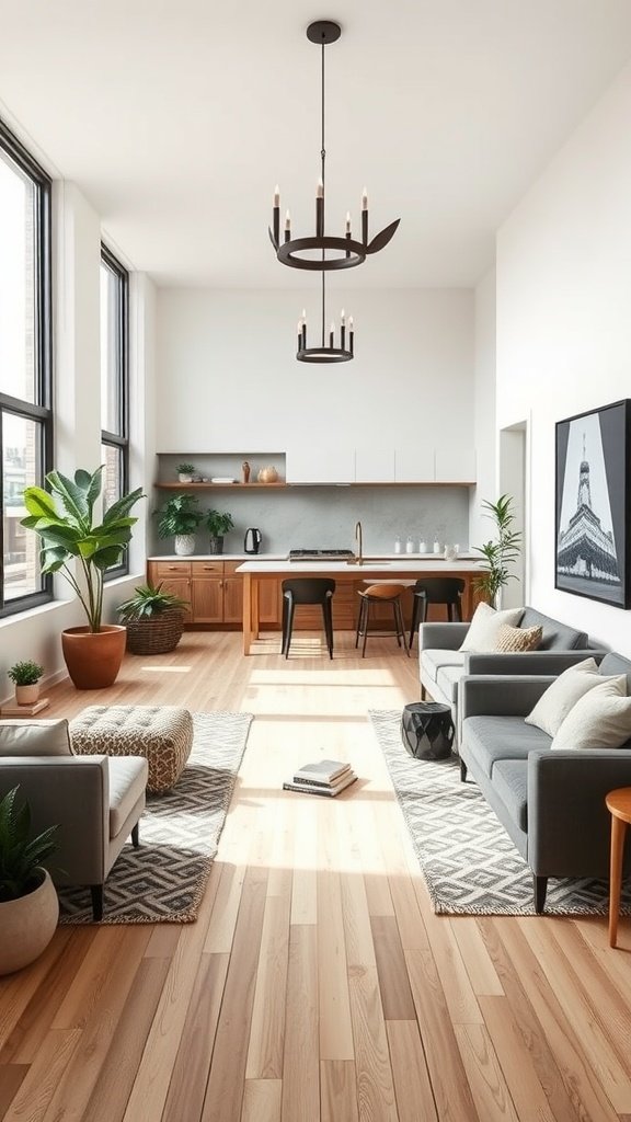 A contemporary farmhouse living room with large windows, hardwood flooring, and modern furniture.