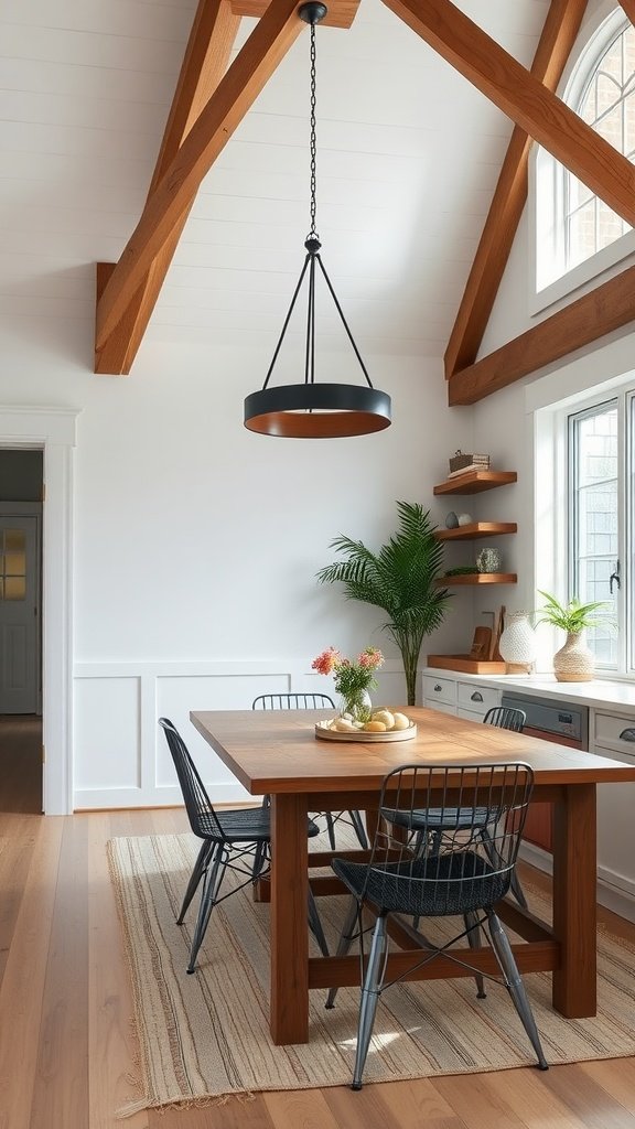 A bright dining area with wooden beams, a dining table, black wire chairs, and plants