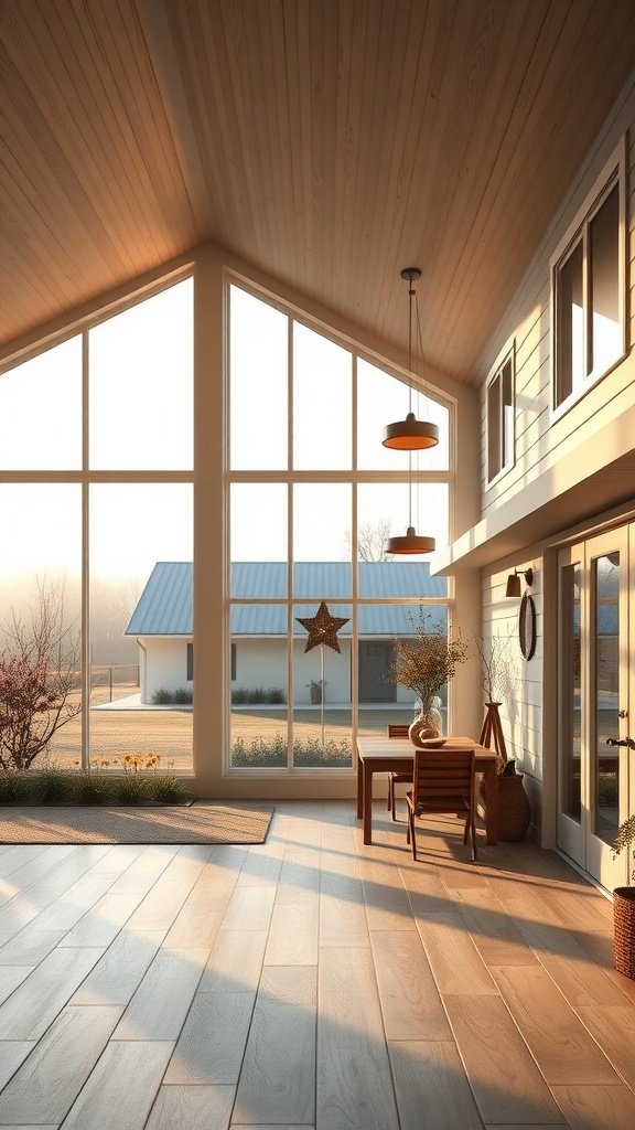 Interior of a contemporary farmhouse with large windows and wooden decor, showcasing a bright and spacious atmosphere.