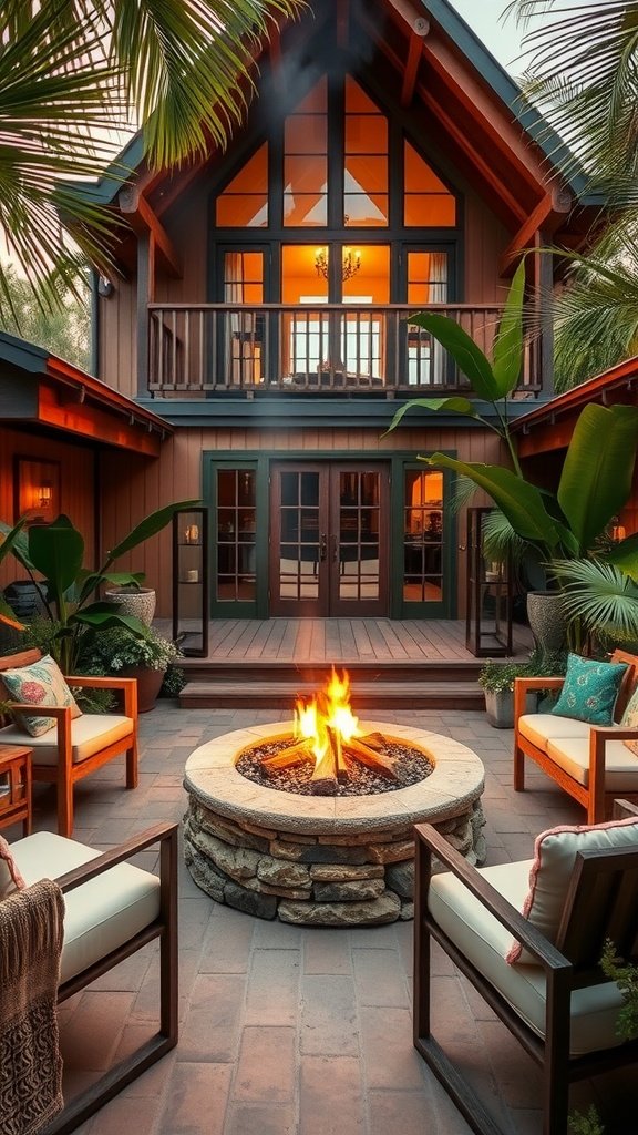 A contemporary fire pit surrounded by wooden chairs, set in a tropical home environment.