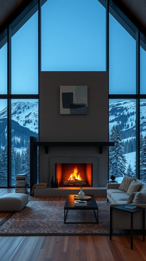 A contemporary living room featuring a fireplace, large windows, and a mountain view