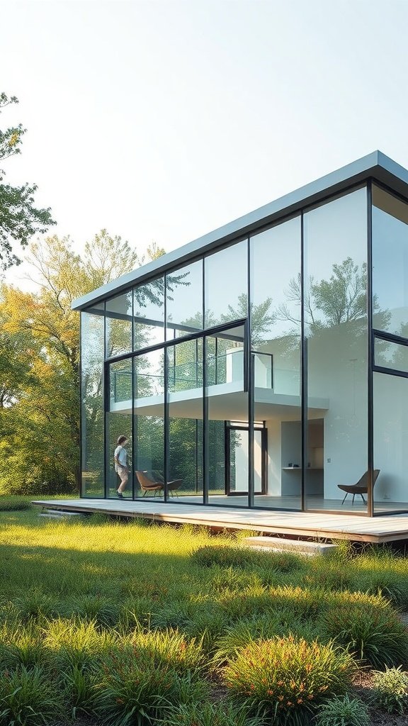 A contemporary glass house surrounded by greenery, showcasing large glass panels and a sleek design.