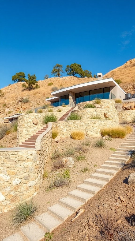 A contemporary hillside house with stone walls and steps leading up to it, surrounded by dry grass and blue sky.