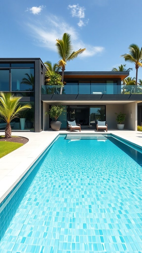 A contemporary house featuring a glass-walled pool, surrounded by palm trees and loungers.