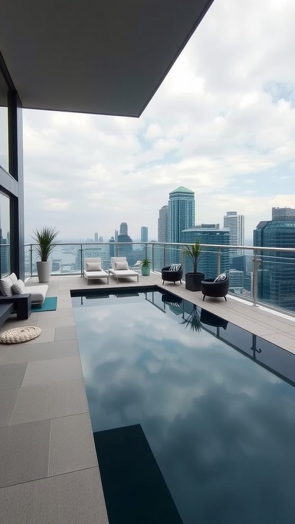 A luxurious rooftop pool area in a contemporary Toronto penthouse with lounge chairs and a city view.