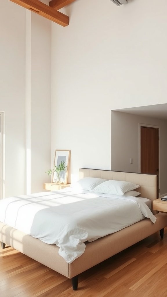 Contemporary platform bed in a modern loft setting, featuring light fabric and wooden floors