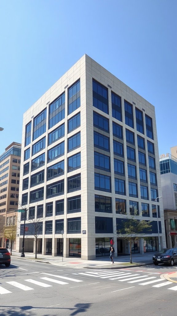 A contemporary precast concrete office building with large windows and a structured design.