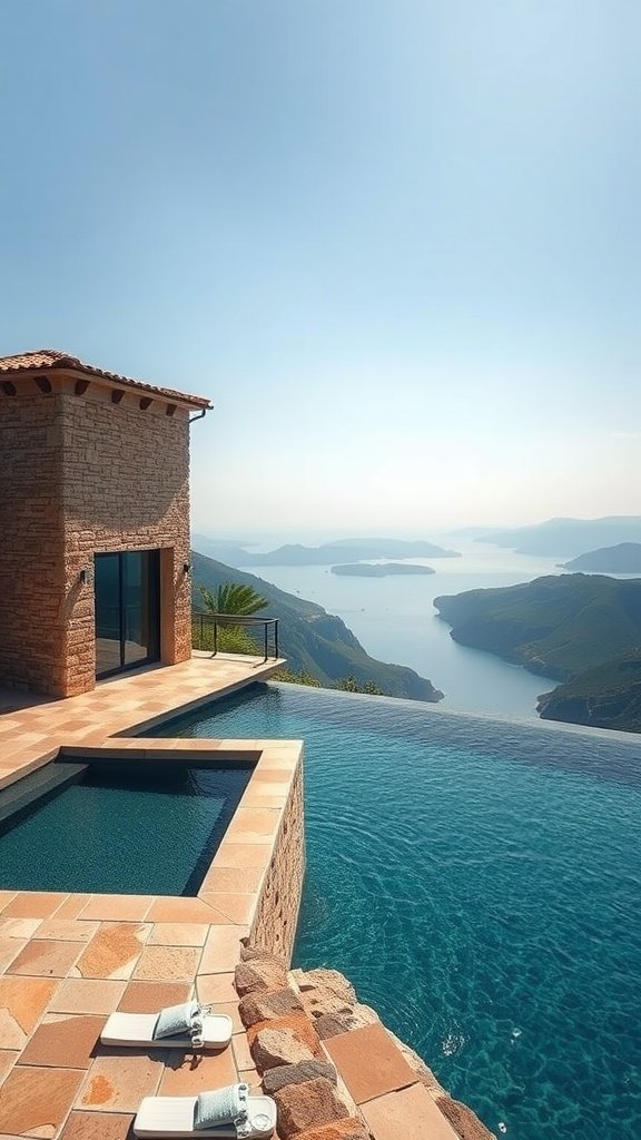 A contemporary stone house with an infinity pool overlooking a serene landscape.