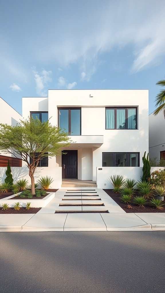 A contemporary white exterior home with large windows and minimalist landscaping.
