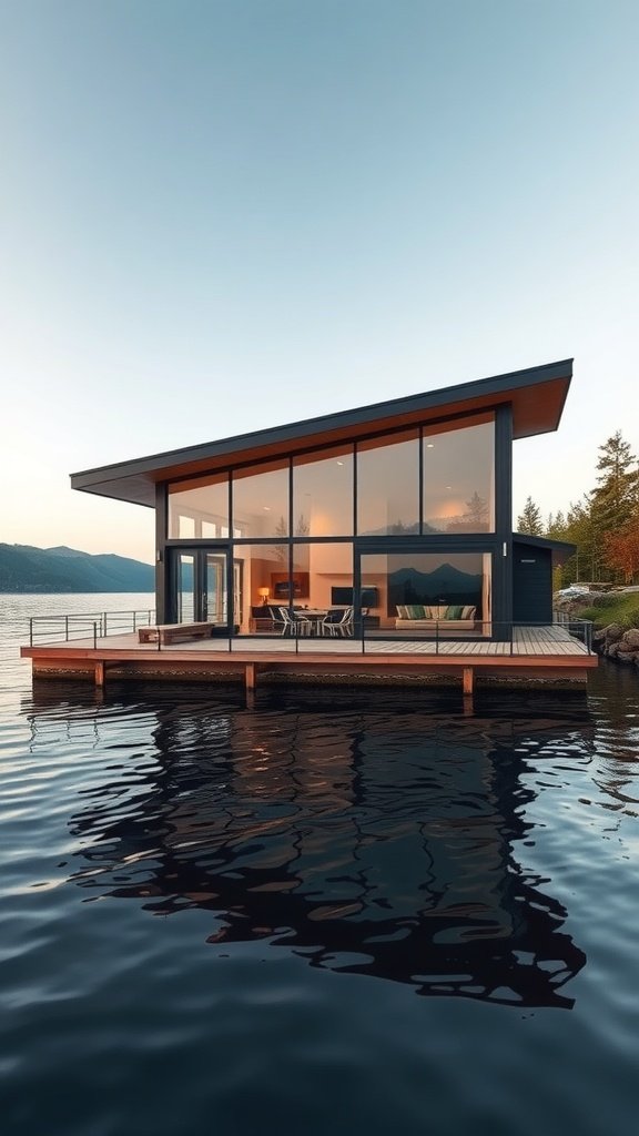 A contemporary waterfront cabin with large glass panels and a wooden deck, reflecting on calm water.