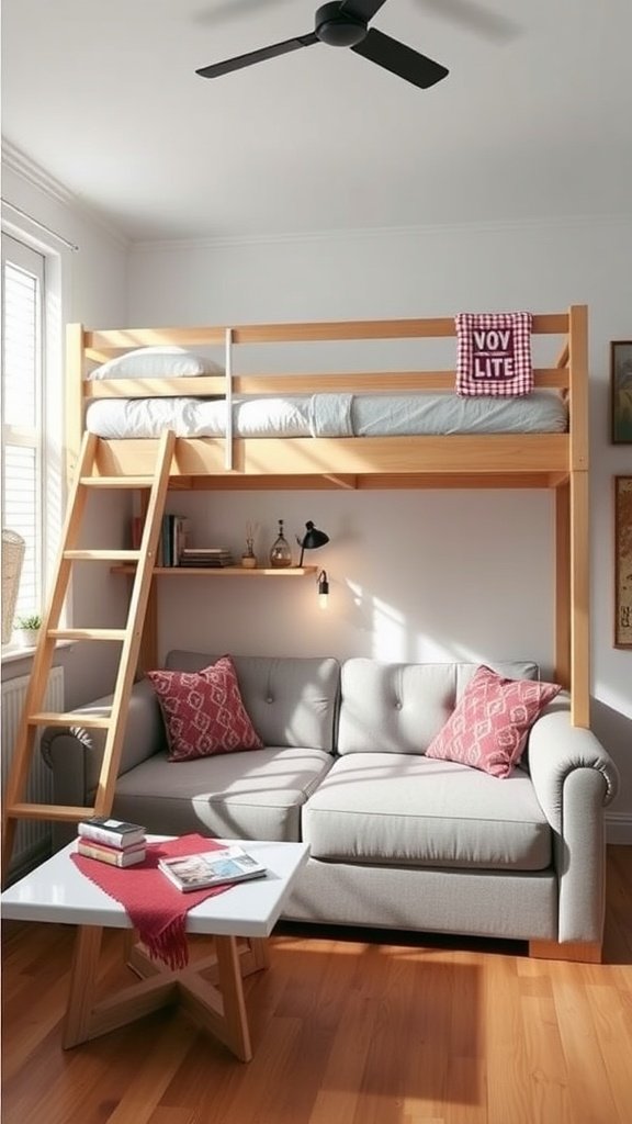 Convertible loft bed with sofa underneath, featuring a wooden frame and cozy decor.