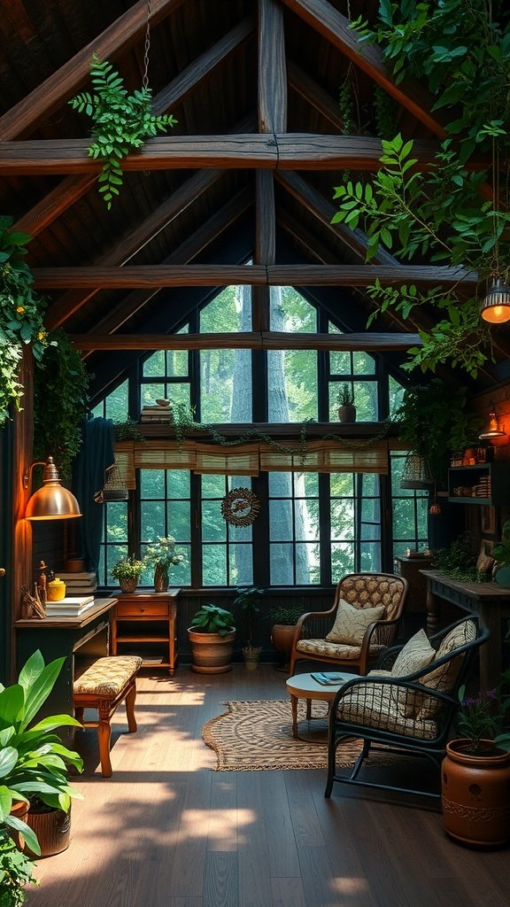 A cozy interior featuring dark wood beams, large windows, plants, and comfortable seating, creating a serene, nature-inspired hideout.