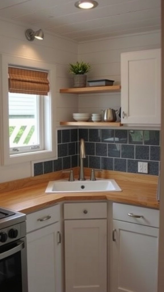 Bright kitchen with corner sink, wooden countertop, and dark tiled backsplash.