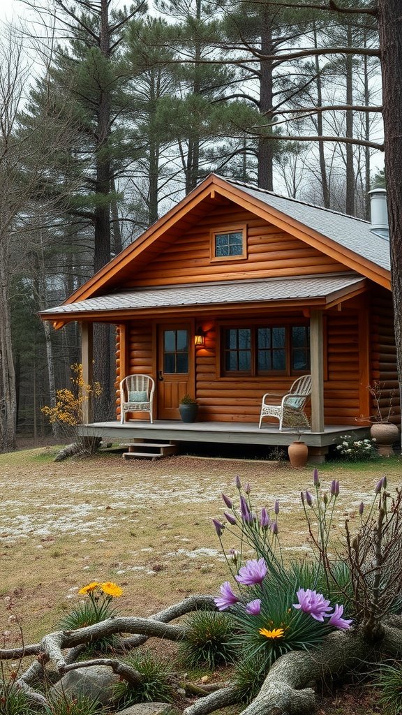 A cozy wooden cabin surrounded by trees and flowers, set in a serene outdoor environment.