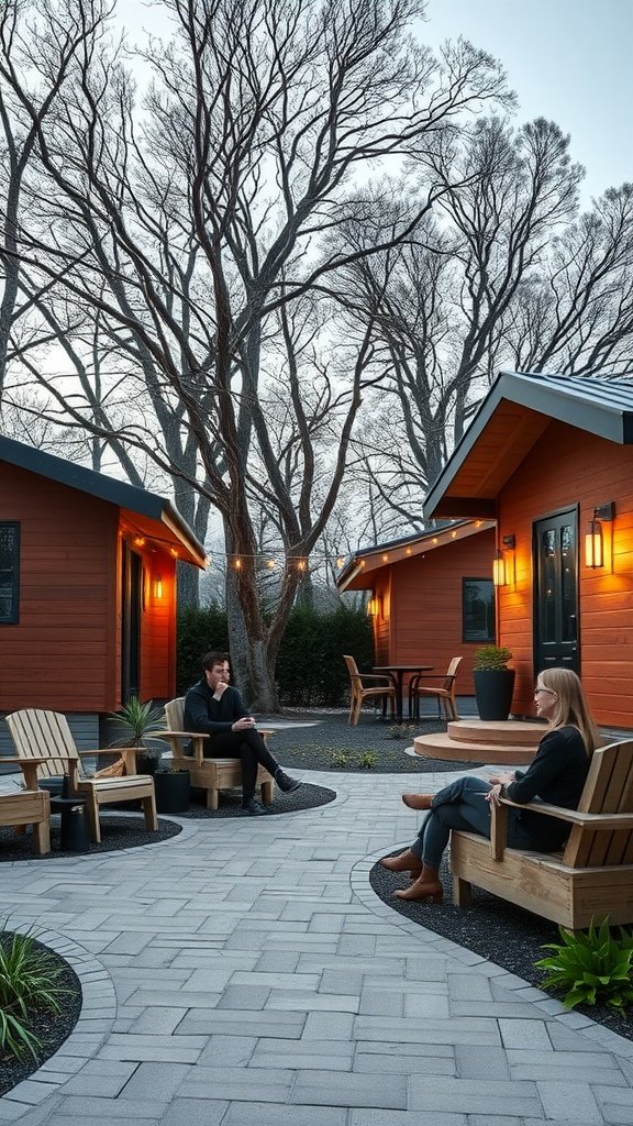 Two people sitting in a cozy courtyard with cottage-style houses and a pathway.