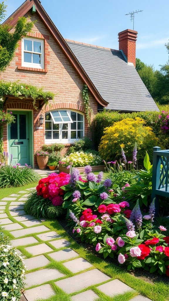A cozy cottage with colorful flower borders and a stone pathway.