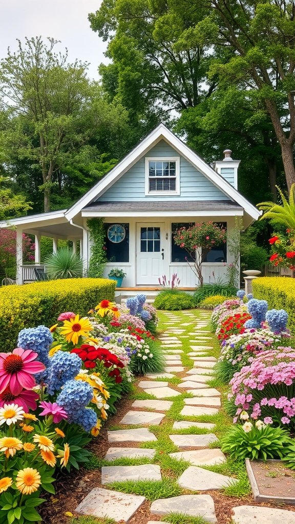 Charming modern cottage surrounded by colorful flowers and greenery.