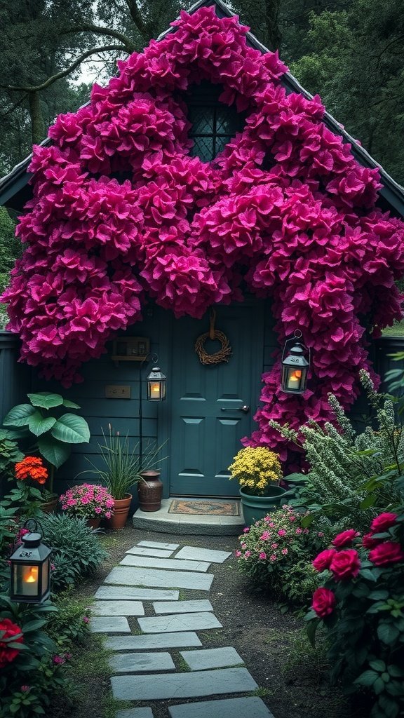 A quaint cottage adorned with vibrant pink flowers, featuring a blue door and a stone pathway lined with plants and lanterns.