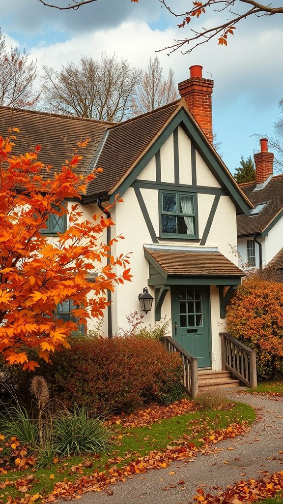 A charming English cottage surrounded by vibrant autumn foliage, featuring a white exterior and green accents.