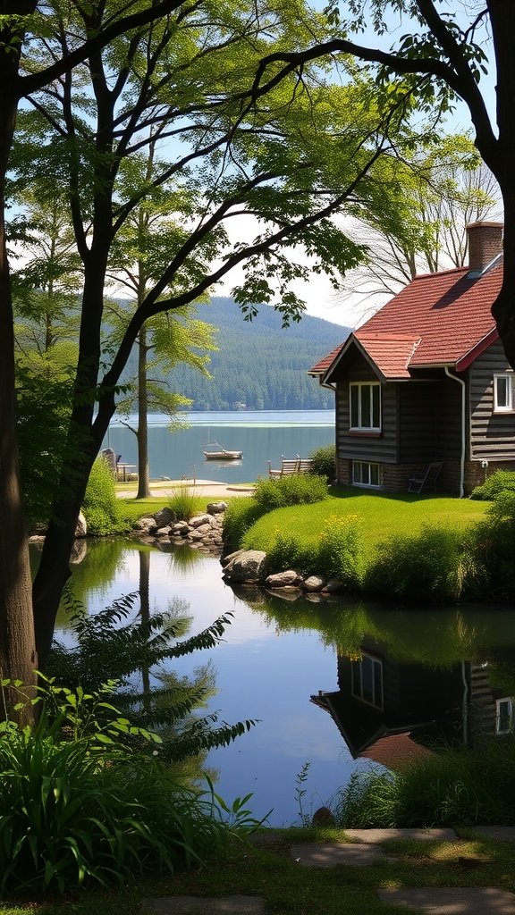 A charming cottage by a serene lake, surrounded by trees and greenery.