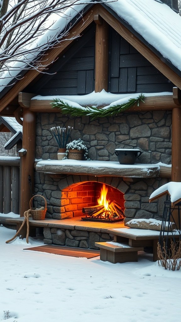 A cozy cottage with a stone fireplace surrounded by snow.