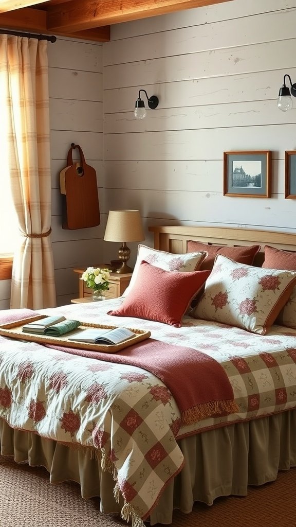 A cozy farmhouse guest bedroom with country-inspired bedding featuring a quilted bedspread, layered pillows, and a warm color palette.