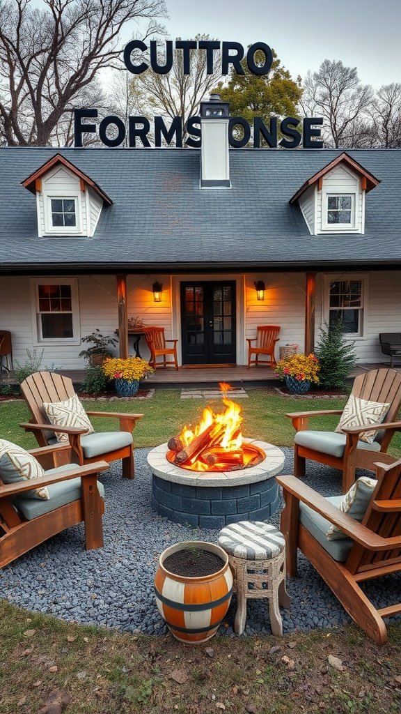 Cozy fire pit in front of a country farmhouse with wooden chairs and flower pots