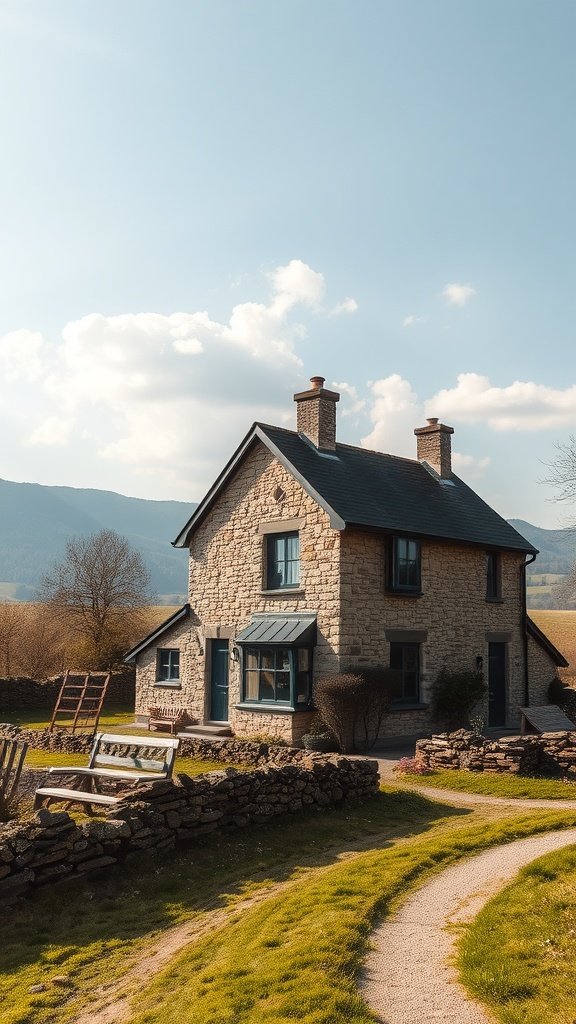 A picturesque stone farmhouse in a countryside setting with a winding path and lush greenery.