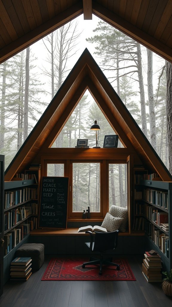 Cozy A-frame reading nook with bookshelves, a chair, and large windows overlooking a forest.