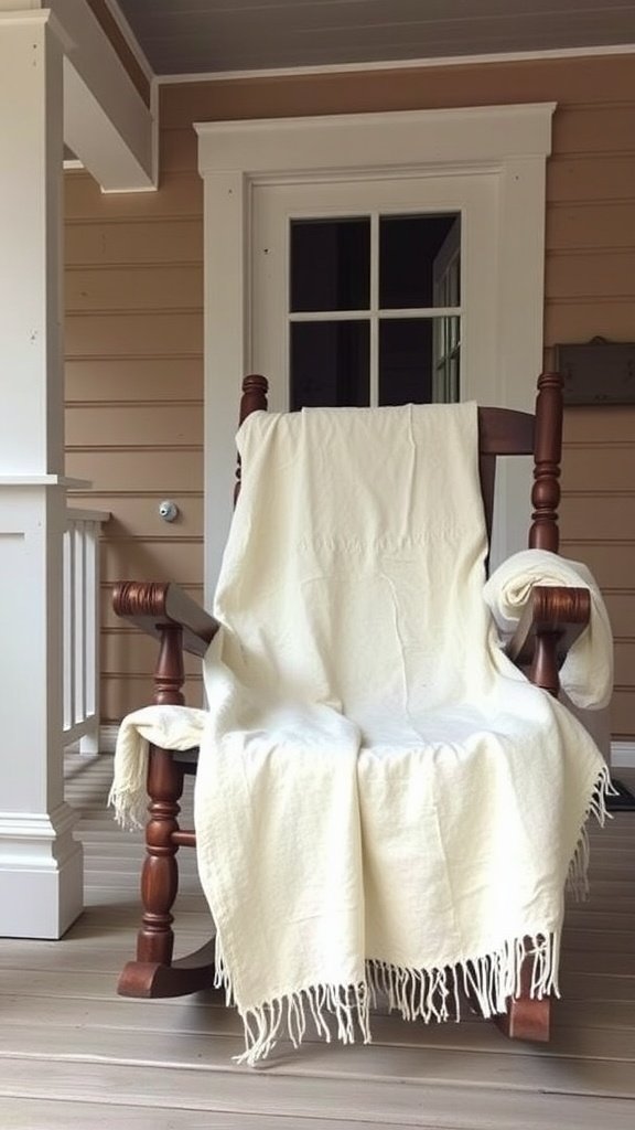A rocking chair on a porch with a cozy white blanket draped over it, inviting relaxation.