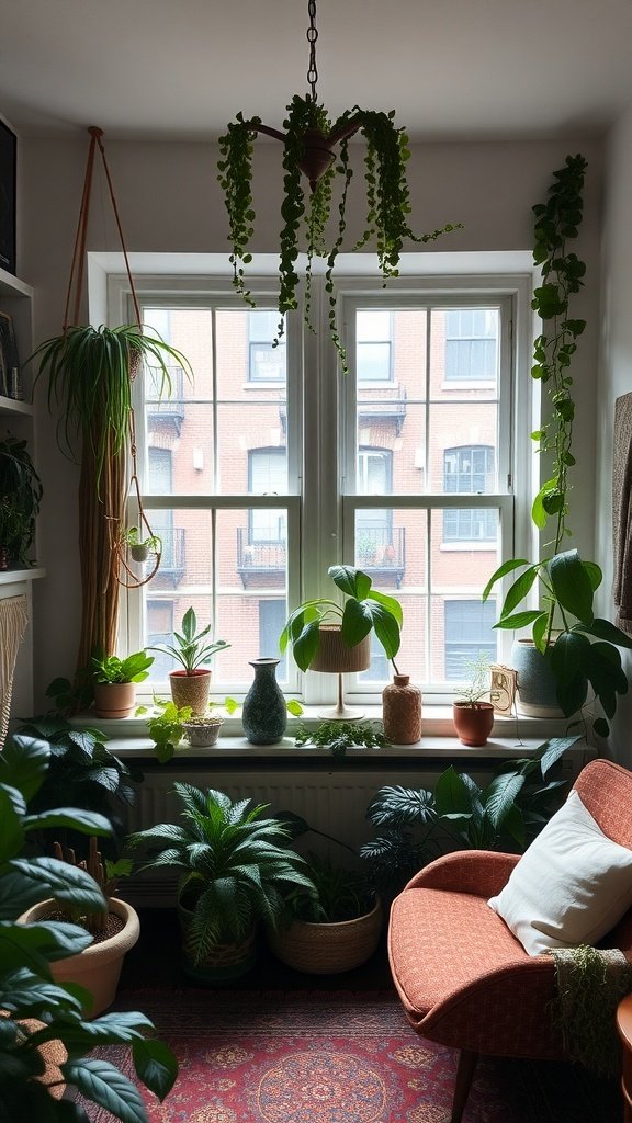 A cozy bohemian-inspired living space with a plush orange chair surrounded by various indoor plants and large windows.