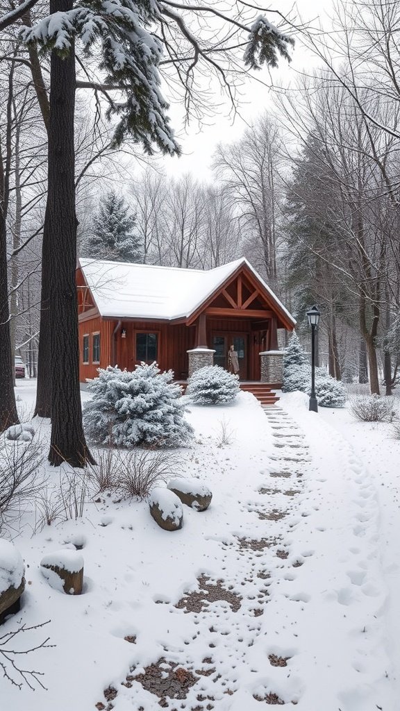A cozy bungalow surrounded by snow-covered trees, with a pathway leading to the entrance.
