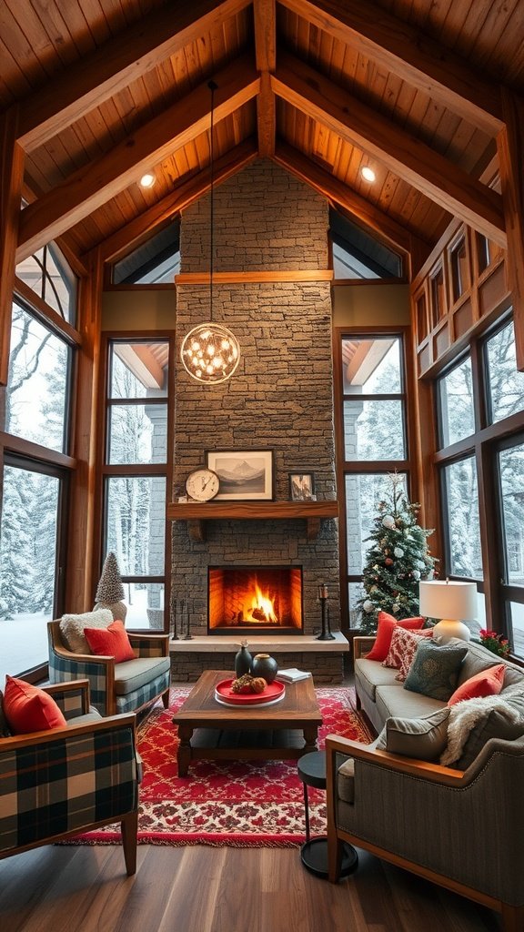 Cozy cabin interior with stone fireplace, large windows, and festive decor