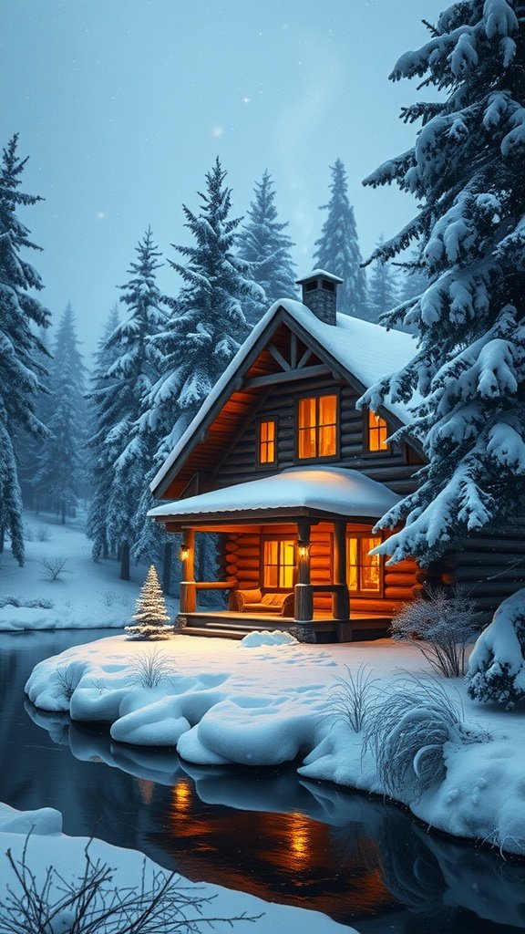A cozy cabin in a winter setting with snow-covered trees and a river.