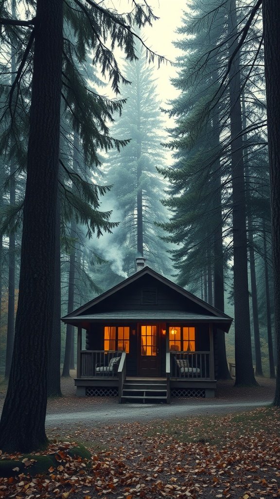 A cozy cabin in the woods, surrounded by tall trees and a misty atmosphere.